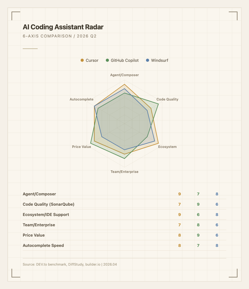 AI Coding Assistant 6축 레이더 차트 - Cursor vs Copilot vs Windsurf