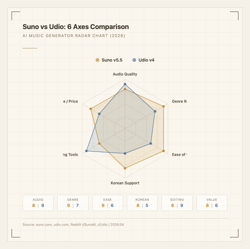 Suno vs Udio 6축 레이더 차트