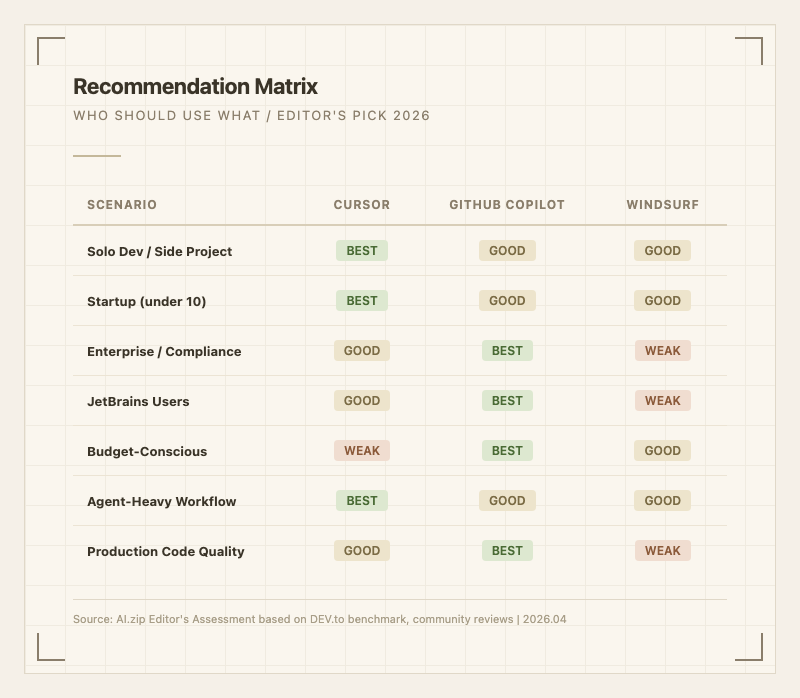 추천 매트릭스 - 시나리오별 Cursor/Copilot/Windsurf 판정